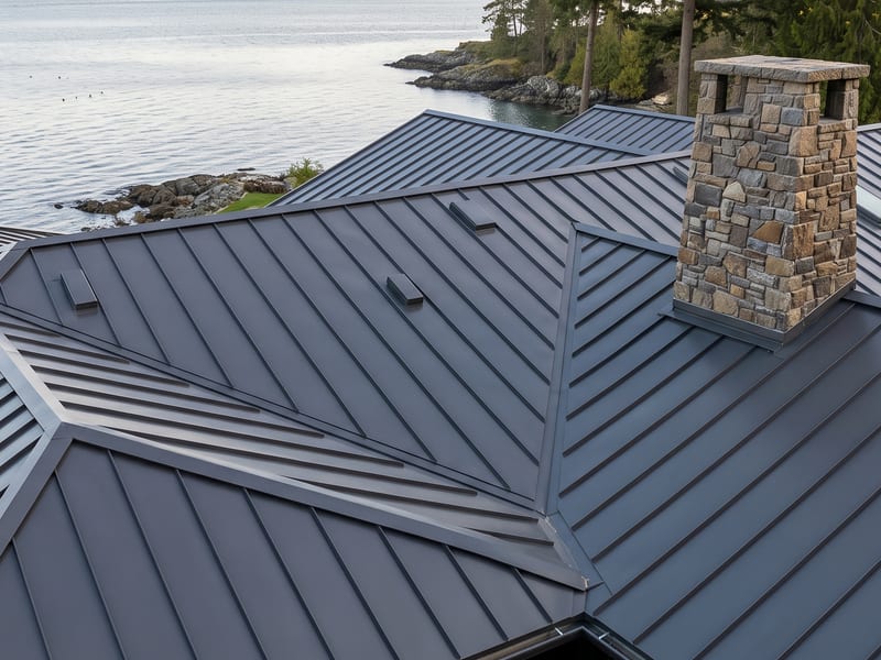 Standing seam metal roof with a stone chimney — an example of the premium roofing systems Blue Hat Roofing installs for homeowners around Winston-Salem NC