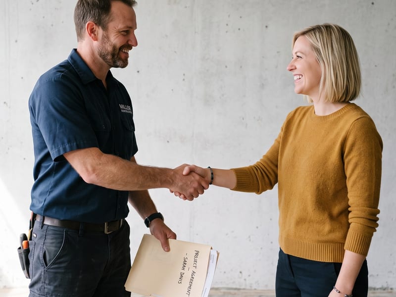 Blue Hat Roofing contractor shaking hands with a satisfied homeowner in Winston-Salem NC