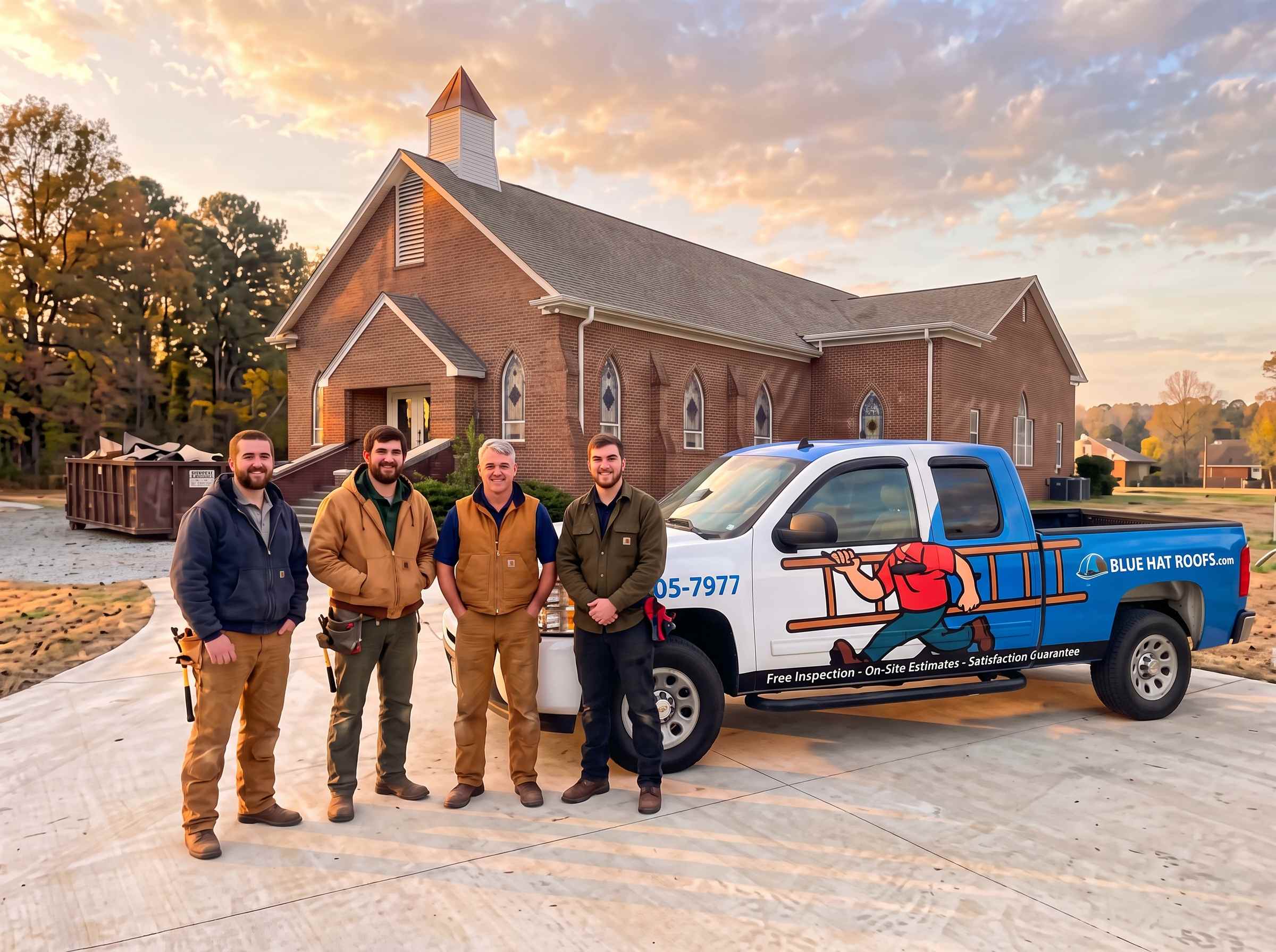 The Blue Hat Roofing crew with their tools at a roofing supply warehouse in Winston-Salem NC