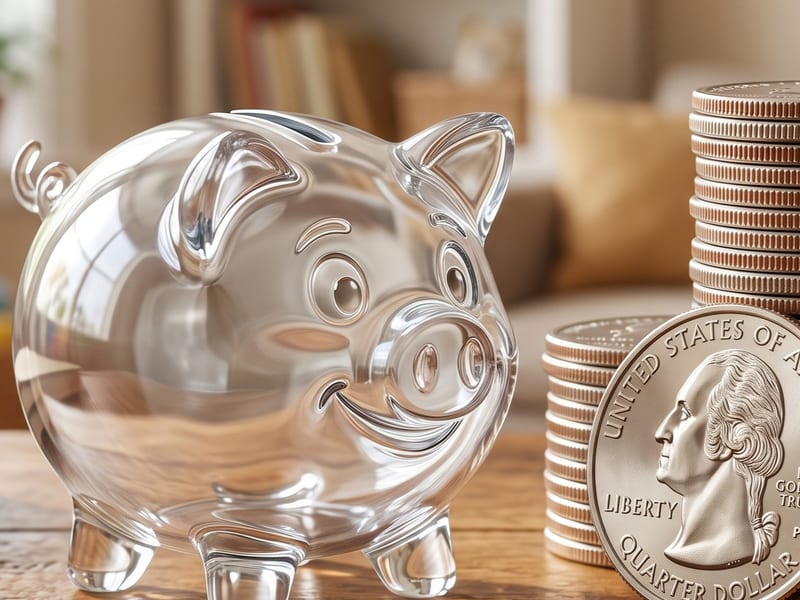 Glass piggy bank beside stacked coins, representing transparent roofing pricing in Winston-Salem NC